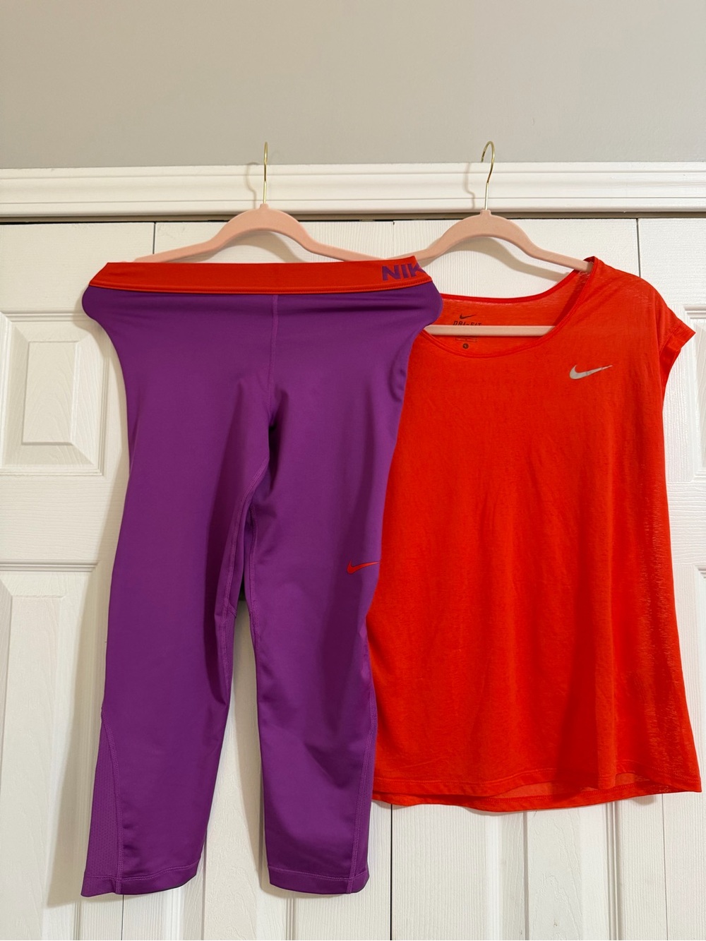 Nike Purple Leggings with Red Waistband and Purple Logo